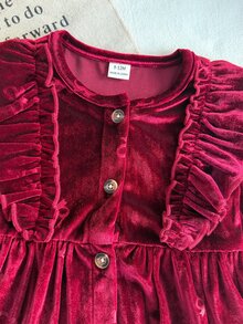 SHEIN 幼兒女嬰酒紅色天鵝絨洋裝，刺繡蝴蝶結荷葉邊飾邊、長袖圓領、前開鈕扣、收腰傘擺公主風兒童派對禮服 - 酒紅色 - 查看 5