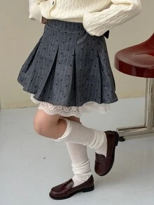 DAZY Tween Girl Striped Lace Patchwork Pleated Mini Skirt - Dark Grey - View 5