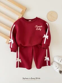 Cozy Pixies 2件組女嬰幼兒休閒日常舒適針織貼布圓領套頭長袖秋季衛衣與運動長褲套裝 - 紅色 - 查看 7