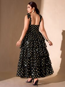 Cravure Plus Size Women's Gold Foil Polka Dot Shoulder Knot Elegant Ruffle Hem Dress - Black - View 2