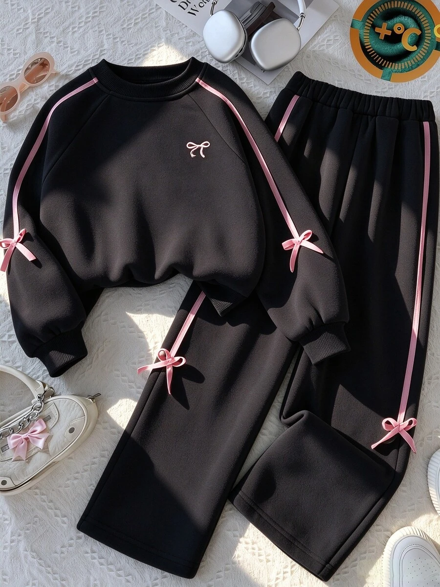 SHEIN 青少年女孩抓絨秋季套裝 2件/組圓領衛衣套裝,綠色與粉色,秋季,可愛,學校,假期穿搭 - 黑色 - 查看 1