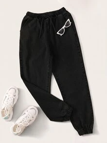 SHEIN EZwear 高腰抽繩腰錐形牛仔褲 - 黑色 - 查看 1