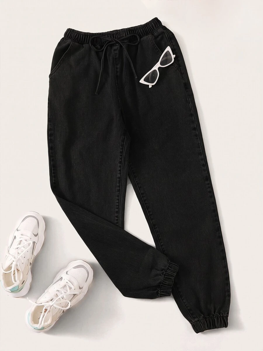 SHEIN EZwear 高腰抽繩腰錐形牛仔褲 - 黑色 - 查看 1