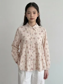 Dazy Kids 圓領可愛花卉長袖秋季甜美少女上衣 - 杏色 - 查看 2