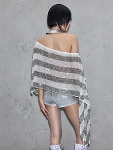 ROMWE Grunge Punk Autumn/Winter New Year Party Sequin Design Asymmetrical Hem Batwing Sleeveless Sheer Cover-Up Top - Black and White - View 6