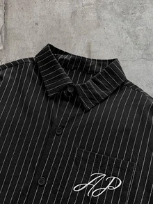 AXEPEAK Men's Fashionable Casual Striped Print Button-Up Shirt - Black - View 5