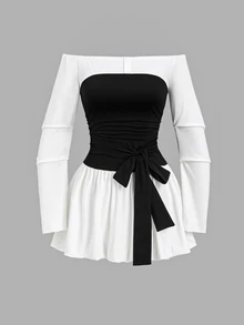 Sweetra Women's Off-Shoulder Bow Decor Fashion Short Dress - Black and White - View 6