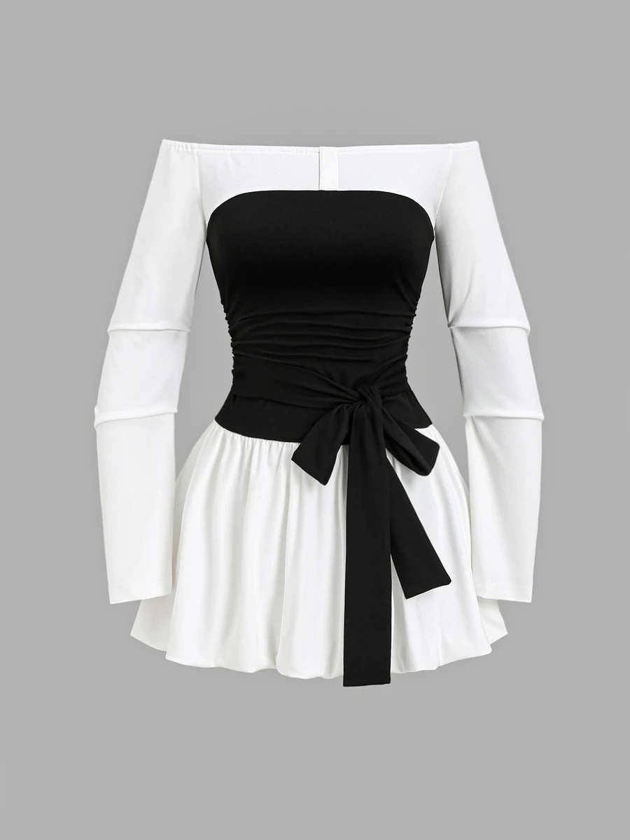Sweetra Women's Off-Shoulder Bow Decor Fashion Short Dress - Black and White - View 1