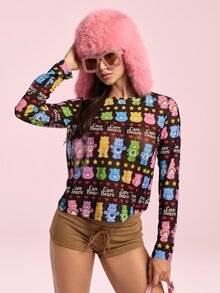 SHEIN X Care Bears Women's All-Over Print Casual Versatile Daily Long Sleeve Top - Black - View 1