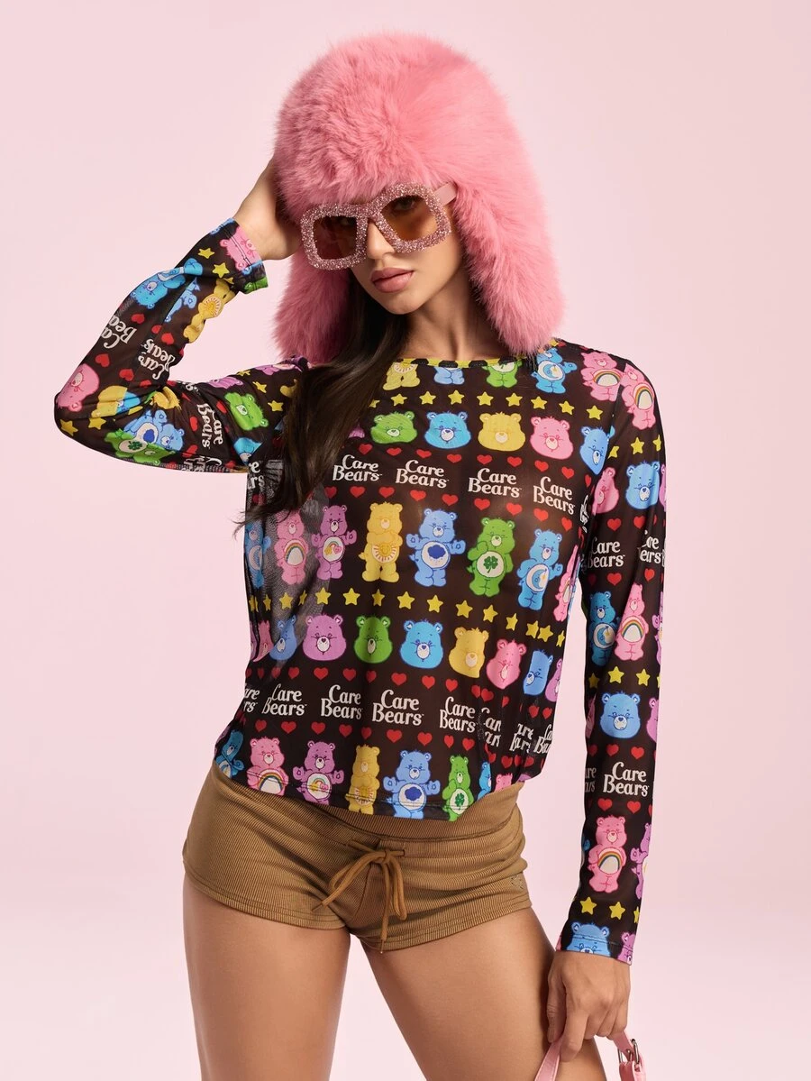 SHEIN X Care Bears Women's All-Over Print Casual Versatile Daily Long Sleeve Top - Black - View 1