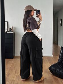 SHEIN Tall CURVE 大尺碼休閒工裝褲，時尚且適合春季、秋季及四季穿著，女款紋理面料 - 黑色 - 查看 2