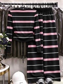 SHEIN (1 Set) Tween Girls Autumn Casual Fashion Blue & Brown Horizontal Striped Pattern Ruched Waist Long Sleeve T-Shirt & Wide Leg Pants - Multicolor - View 2