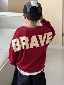 SHEIN Little Byeori 1件大童男孩淺灰色大字母圖案加厚運動衫，休閒學院風寬鬆版型街頭風，適合上學、秋季、開學季、日常穿著 - 紅色 - 查看 3