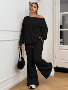 Solflare 2pcs Black Plus Size Loose Solid Color Asymmetric Shoulder Long Sleeve Set (Autumn Style) - Black - View 2