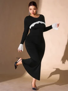 Cravure Plus Size Women Elegant Elegant Lace Patchwork Contrast Color Party Evening Maxi Dress - Black - View 1