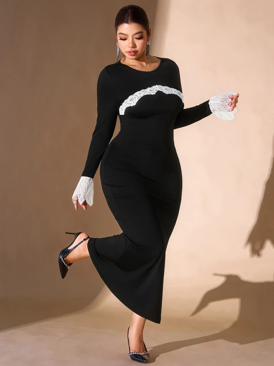 Cravure Plus Size Women Elegant Elegant Lace Patchwork Contrast Color Party Evening Maxi Dress - Black - View 1