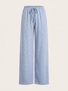 SHEIN EZwear 舒適黑色米色針織長直筒褲，附口袋設計，休閒基礎款，夏季居家休閒 - 彩色 - 查看 6