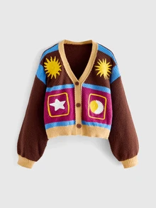 ROMWE Autumn/Winter Boho Witch Hippie Sun Moon Star Crochet Cardigan Sweater For Women - Multicolor - View 1