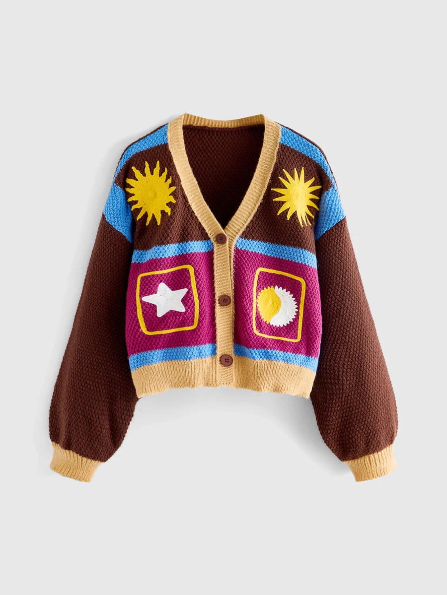 ROMWE Autumn/Winter Boho Witch Hippie Sun Moon Star Crochet Cardigan Sweater For Women - Multicolor - View 1