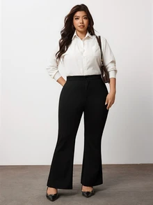 Enliva Plus Size High Waist Slight Flare Tailored Pants With Back Elastic Waist For Hourglass - Black - View 5
