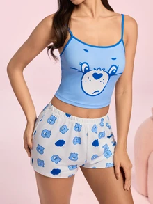 SHEIN X Care Bears 女款字母卡通印花細肩帶上衣與短褲休閒居家睡衣套裝 - 藍色 - 查看 6