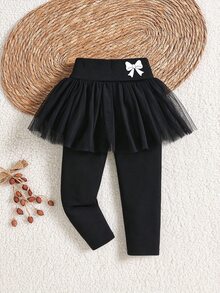 SHEIN 幼女裙褲式內搭褲 歐根紗層次百褶裙褲 蝴蝶結鬆緊腰 黑白純色 生日派對 秋冬款 - 黑色 - 查看 1