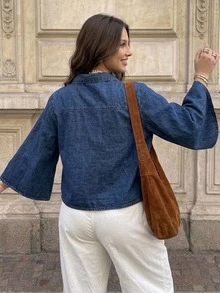Livesso Dazy Plus Summer Autumn Cotton Collared Flared Sleeve Silhouette Short Loose Dark Blue Denim Top - Dark Wash - View 2