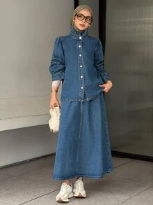 DAZY Women's Single-Breasted Petal Sleeve Jacket And Skirt Casual Denim Set - Blue - View 5