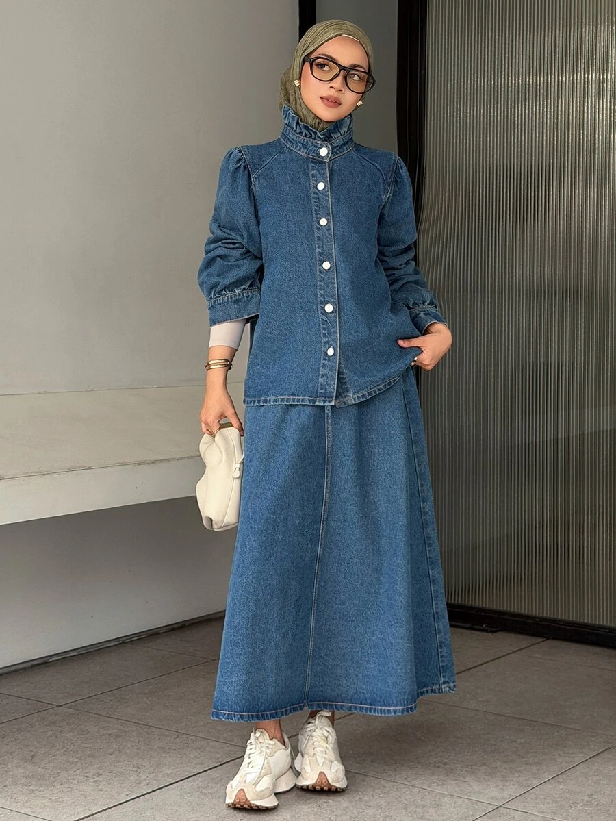 DAZY Women's Single-Breasted Petal Sleeve Jacket And Skirt Casual Denim Set - Blue - View 1
