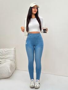 SHEIN Essnce 女款時尚百搭高腰彈性修身牛仔褲 - 藍色 - 查看 8