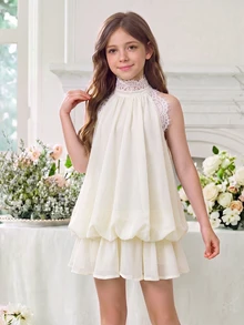 Tween Girl Tween Girl Apricot Patchwork Lace Trim Stand Collar Halter Neck Tie Mini Dress - Apricot - View 4