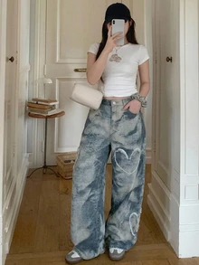 Dazy Plus Korean Style Street Casual Heart Patch Distressed Gradient Long All-Season Denim Jeans - Blue - View 3