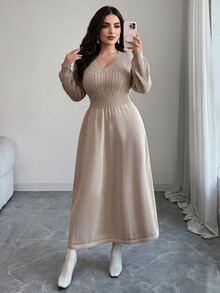 Modelyn فستان نسائي متعدد الاستخدامات كاجوال مقاس كبير بياقة على شكل حرف V وأكمام طويلة من الصوف المحبوك - كاكي - مشاهدة 4
