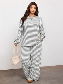 Enliva Plus Size Stripe Two Pieces Lounge Set With Elastic Waist Pants Compatible With Apple Body Round Body - Apricot - View 6