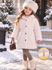 SHEIN Baby Girl Solid Color Faux Fur Knit Hooded Casual Jacket - Beige - View 4