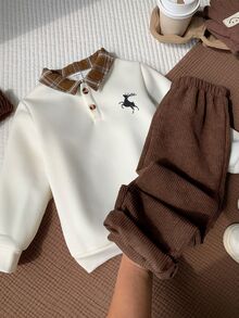 SHEIN 2pcs/Set Kids Young Boy Autumn/Winter Casual Sweatshirt And Pants Set, Sweatshirt Set, Boys Set, Autumn/Winter Set, Christmas Set, Green Set - Khaki - View 6