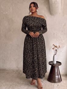 Firerie Plus Size Leopard Print Asymmetrical Collar Long Sleeve Ruched Dress, Elegant Sexy Style For Autumn, Suitable For Weddings, Dates, Parties And Other Occasions - Brown - View 3