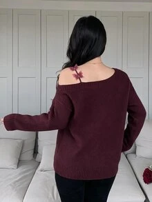 Feyla Plus Size Women Solid Color Cold Shoulder Casual Daily Wear Sweater - Burgundy - View 3