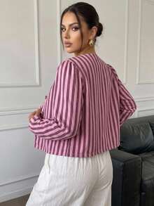 Livesso Áo khoác denim dáng lửng rộng, cổ tròn, tay dài, màu hồng kẻ sọc dọc, cài cúc - Màu Hồng  Dưa hấu - Xem 2