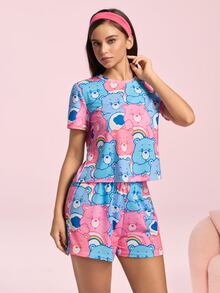SHEIN X Care Bears Women's Cartoon Print Short Sleeve Top And Shorts Casual Daily Home Pajama Set - Blue - View 8