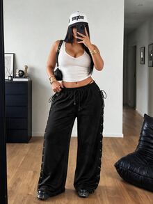 POPSWAY Plus Size Women's Solid Color Lace-Up Design Casual Versatile Long Pants - Black - View 7