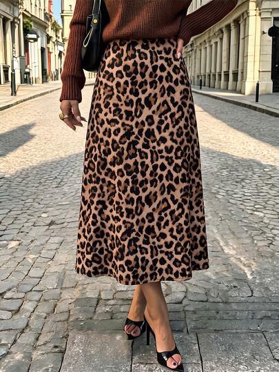 SHEIN LUNE Falda con estampado de leopardo para mujer, adecuada para todas las estaciones, especialmente otoño e invierno