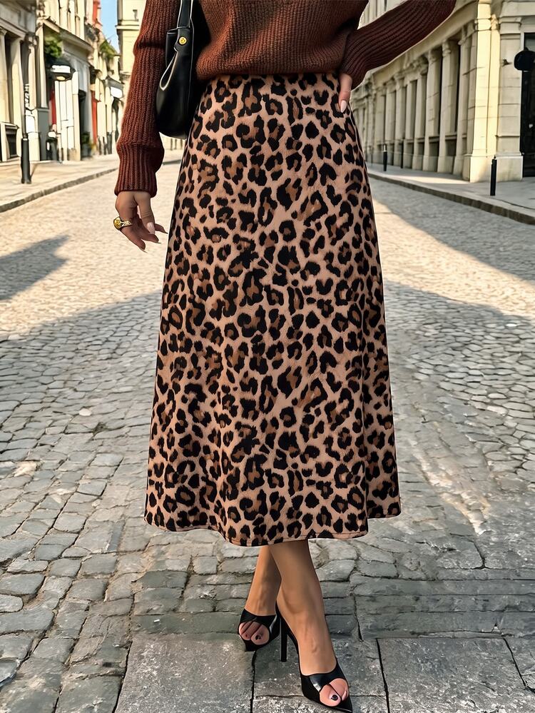 SHEIN LUNE Women's Leopard Print Skirt, Suitable For All Seasons, Especially Autumn And Winter - Multicolor - View 4