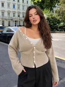 Dazy Plus Solid Color Blogger Casual Slim Fit Cardigan Sweater, New Autumn/Winter - Apricot - View 6