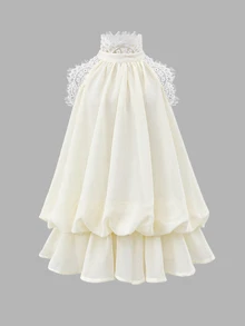 Tween Girl Tween Girl Apricot Patchwork Lace Trim Stand Collar Halter Neck Tie Mini Dress - Apricot - View 10