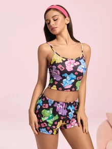 SHEIN X Care Bears CARE BEARS Academy Style Bear English Heart Black All-Over Print Camisole & Shorts Pajama Set - Black - View 7