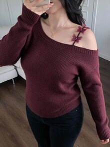 Feyla Plus Size Women Solid Color Cold Shoulder Casual Daily Wear Sweater - Burgundy - View 5