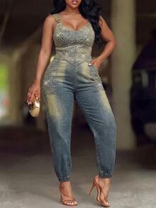 BriallanyX BriallanyX Plus Size Denim Jumpsuit With Large Rhinestone Embellishment - Blue - View 7