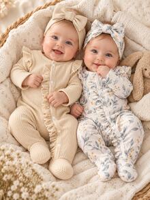 SHEIN Vintaside Kids 2套新生兒長袖連身褲，可愛花卉印花，杏色羅紋髮帶，居家穿著，百搭時尚，最佳選擇，新生兒完美禮物 - 彩色 - 查看 2