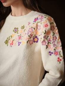 Anewsta Gentle Mori Style Heavy Embroidery Colorful Floral Knit Sweater, Cream Apricot Round Neck Loose Fit Slimming Long Sleeve Pullover - Apricot - View 5